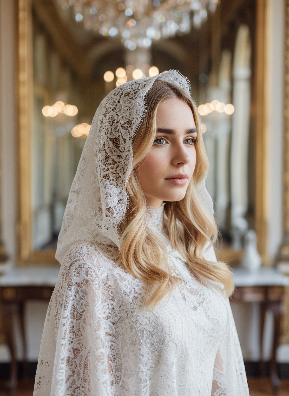 Hooded Bridal Cape in Appliqué Lace — 180 cm Cathedral Train