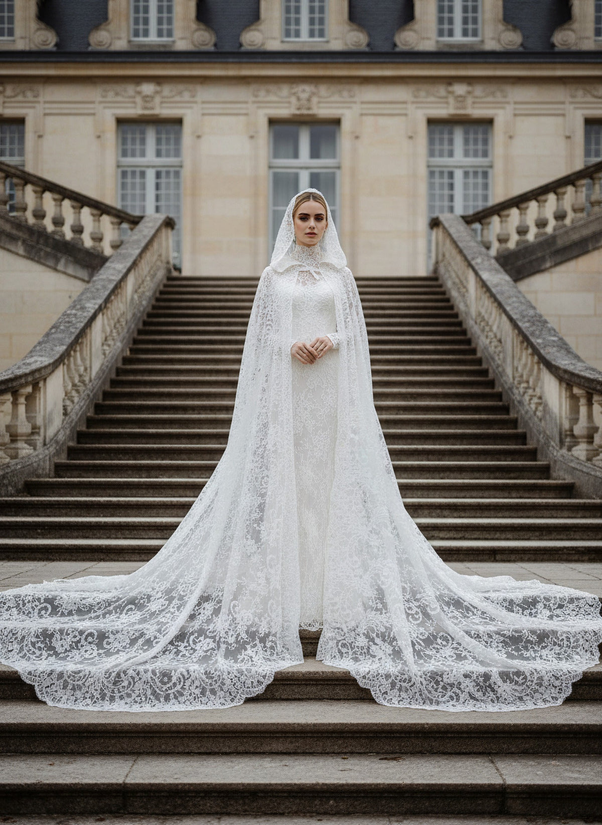 Hooded Bridal Cape in Appliqué Lace — 180 cm Cathedral Train