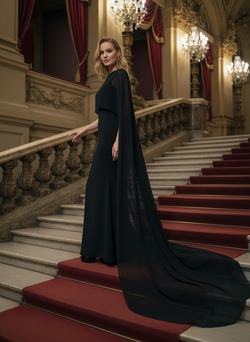 Chiffon Bridal Cape with Train — Round Neck, One Size