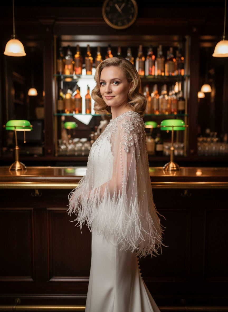 Crystal Beaded Feather Bridal Cape — Sheer Tulle
