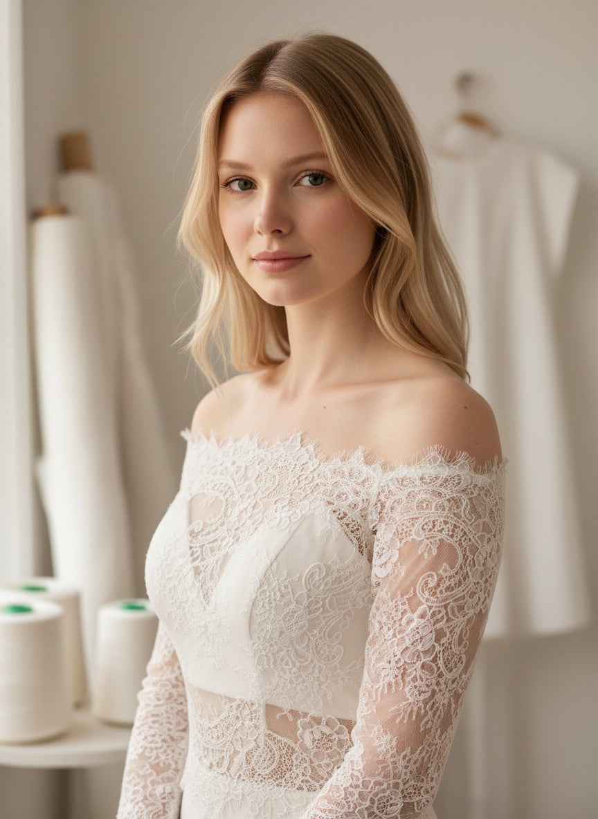 Off Shoulder Lace Bridal Bolero — Long Sleeves, Button Back