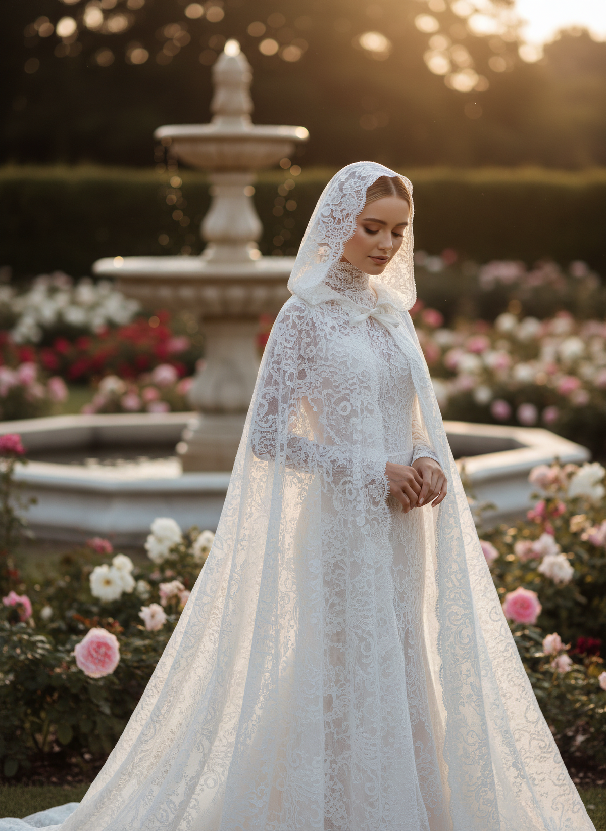 Hooded Bridal Cape in Appliqué Lace — 180 cm Cathedral Train