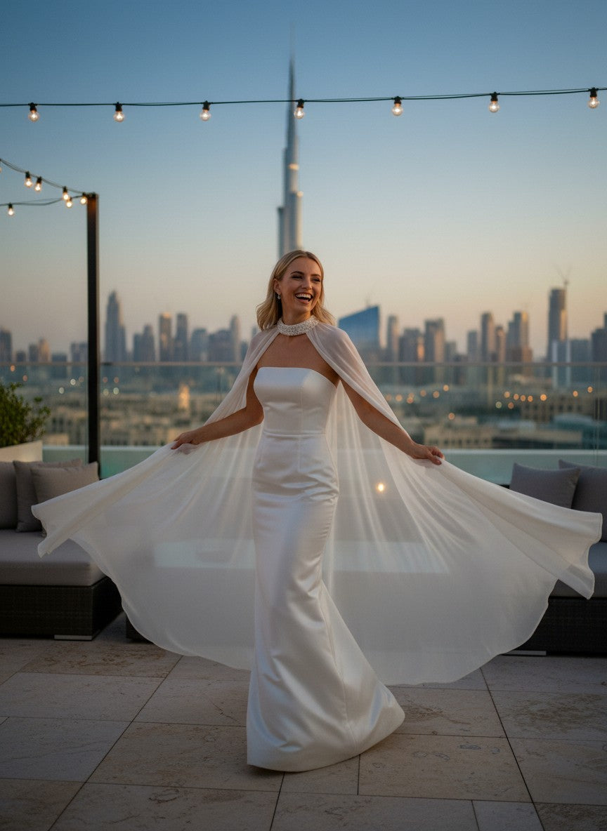 Crystal Collar Chiffon Bridal Cape — Floor Length, One Size