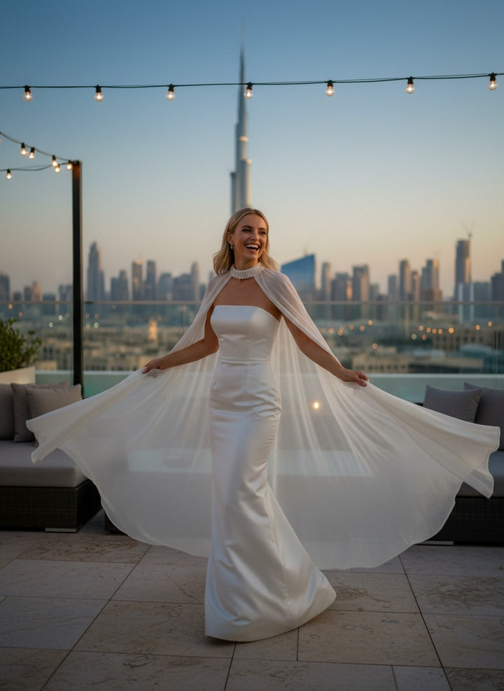 Crystal Collar Chiffon Bridal Cape — Floor Length, One Size