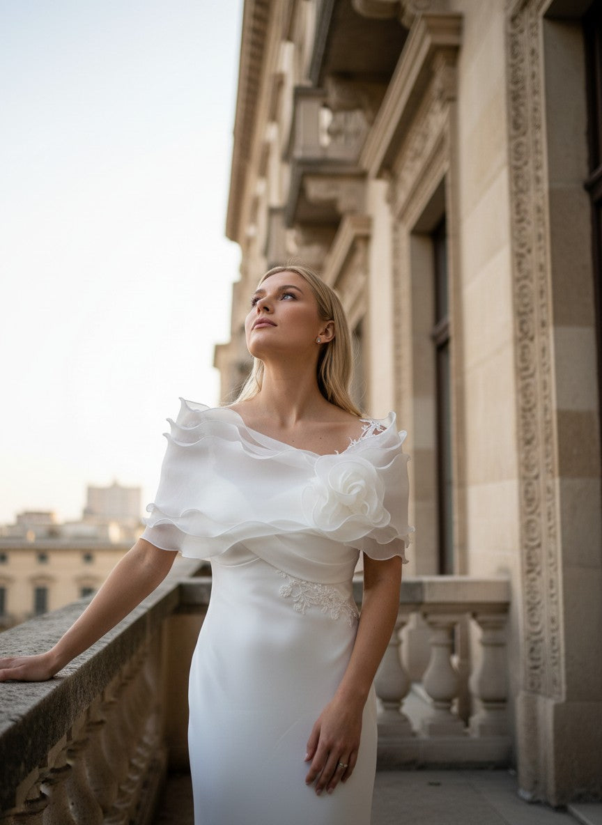 Ruffled Organza Bridal Shrug — Rhinestone Bow, 4 Colours