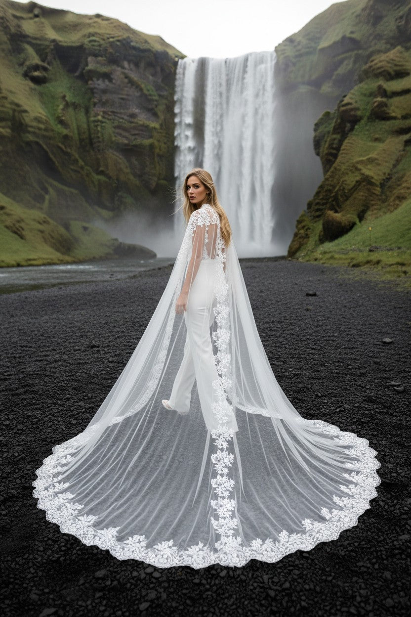 Lace Appliqué Bridal Shawl — Long, 3 Colours