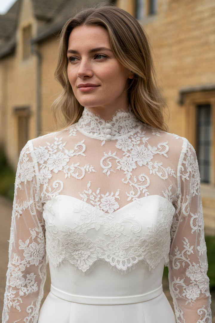 High Neck Lace Bridal Bolero — Long, XXL to 5XL