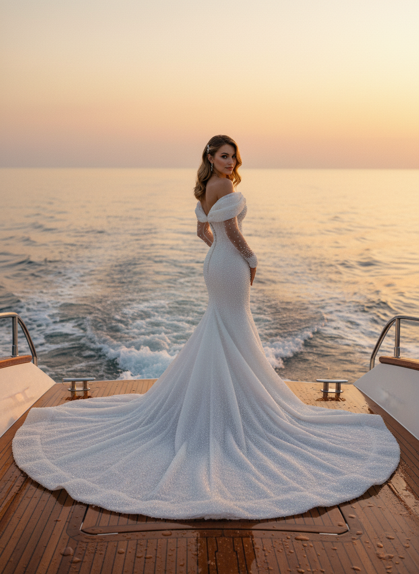 Mermaid Off Shoulder Wedding Dress — with Train, 3 Colours