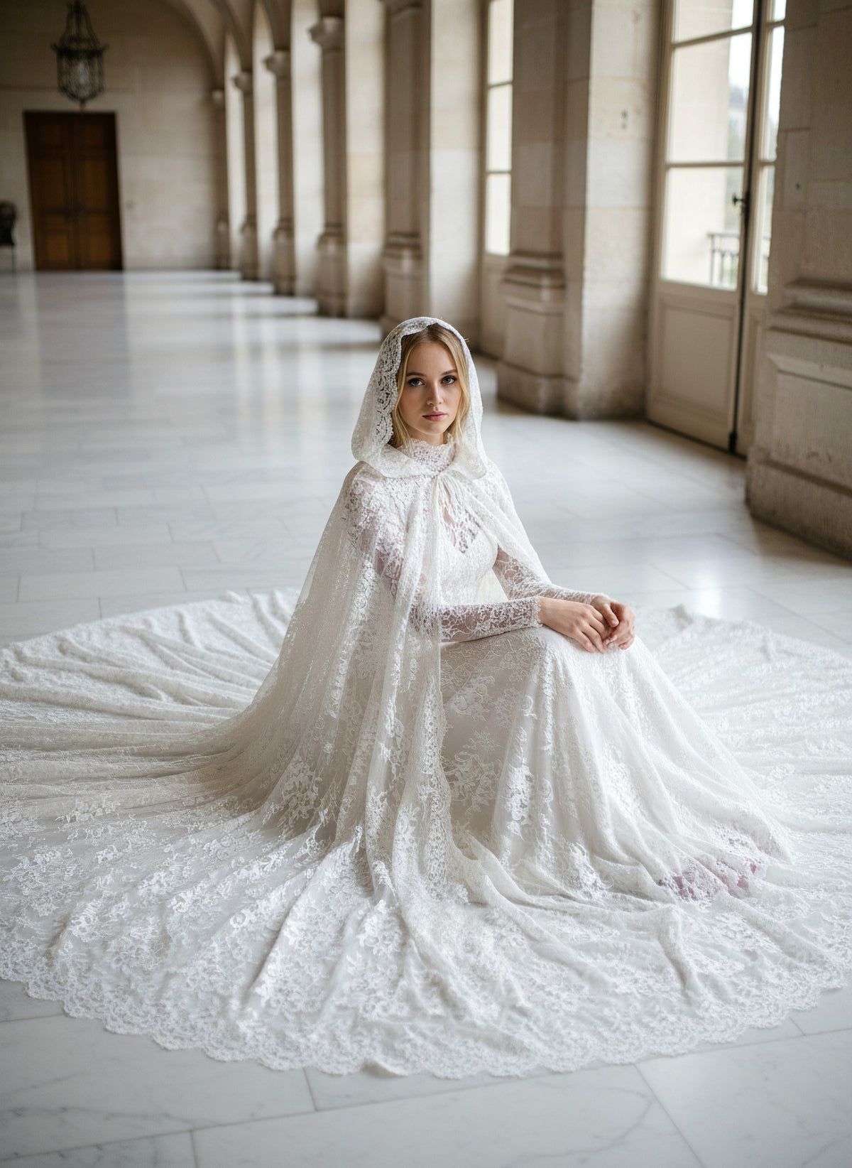 Hooded Bridal Cape in Appliqué Lace — 180 cm Cathedral Train