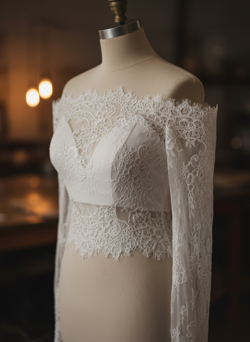 Off Shoulder Lace Bridal Bolero — Long Sleeves, Button Back
