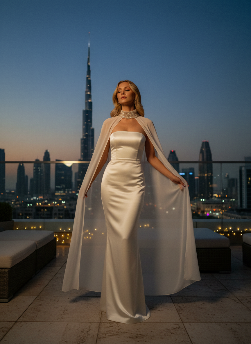 Crystal Collar Chiffon Bridal Cape — Floor Length, One Size