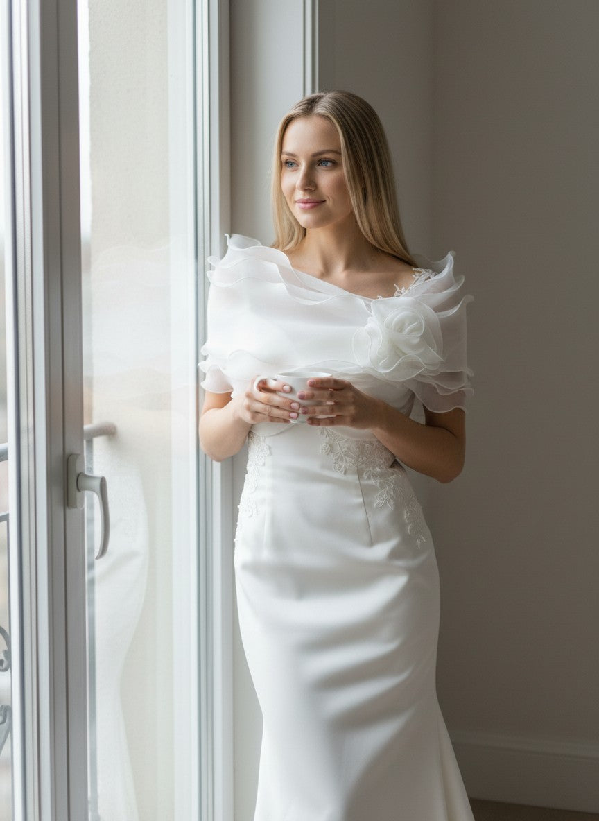 Ruffled Organza Bridal Shrug — Rhinestone Bow, 4 Colours