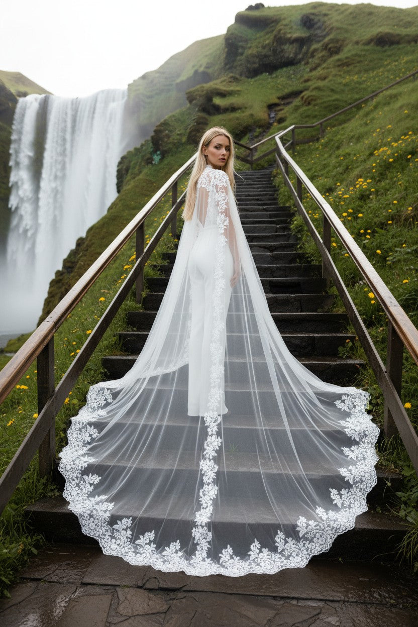 Lace Appliqué Bridal Shawl — Long, 3 Colours