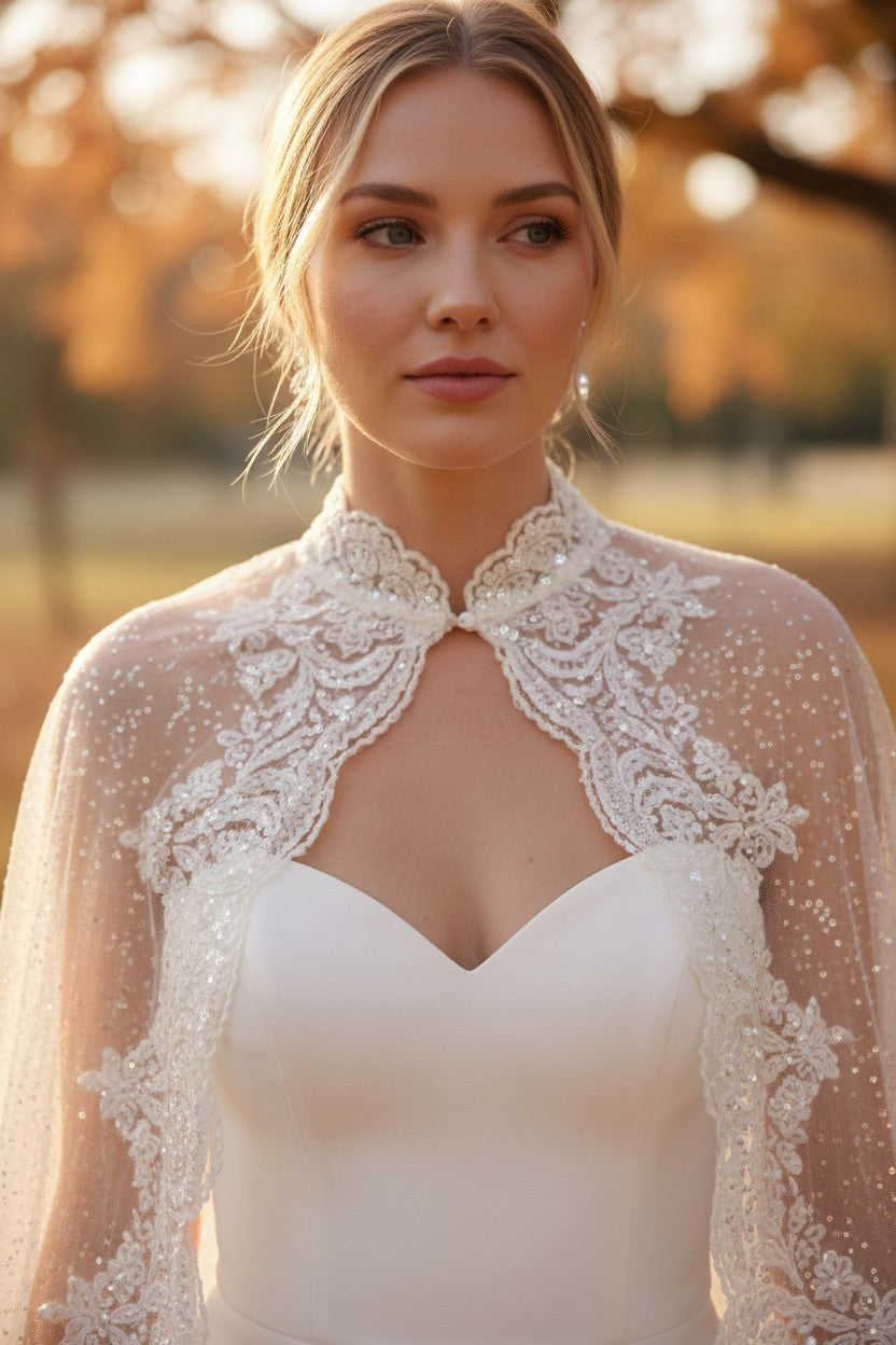 Lace Tulle Bridal Cape — Long, One Size