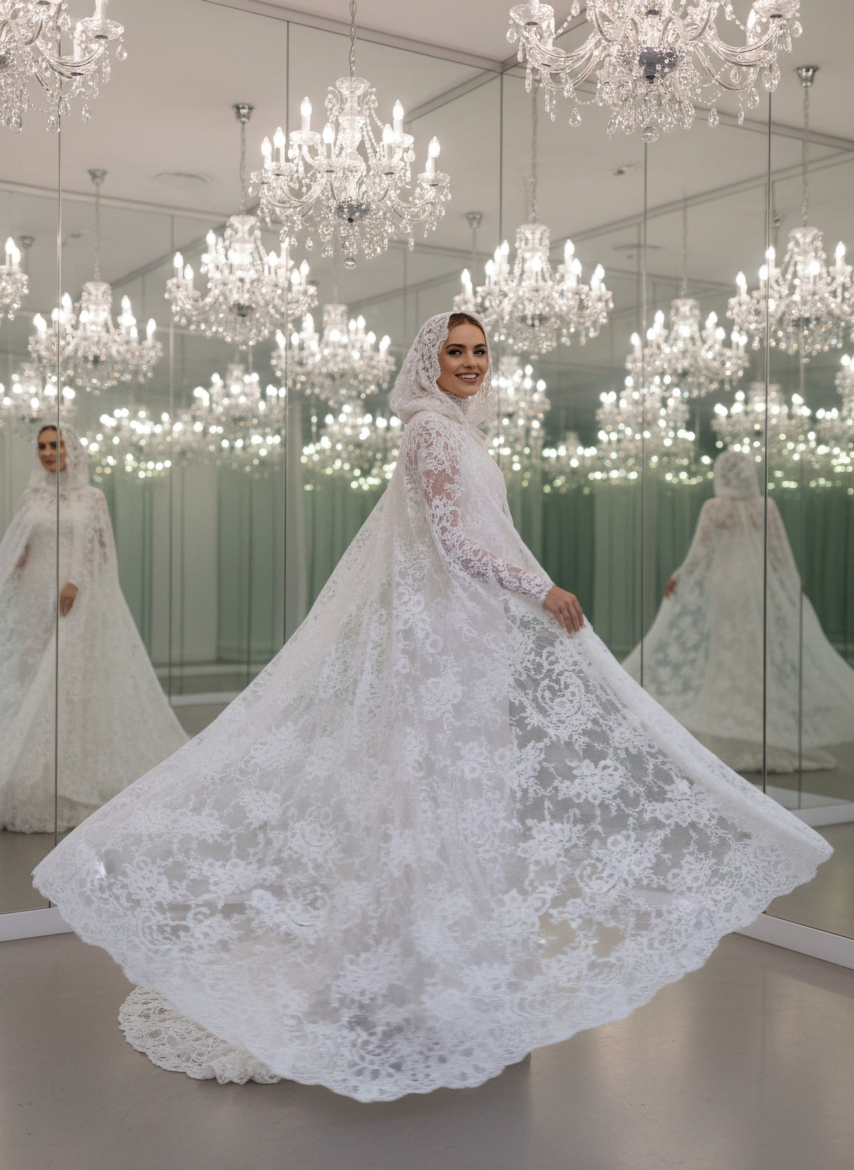 Hooded Bridal Cape in Appliqué Lace — 180 cm Cathedral Train