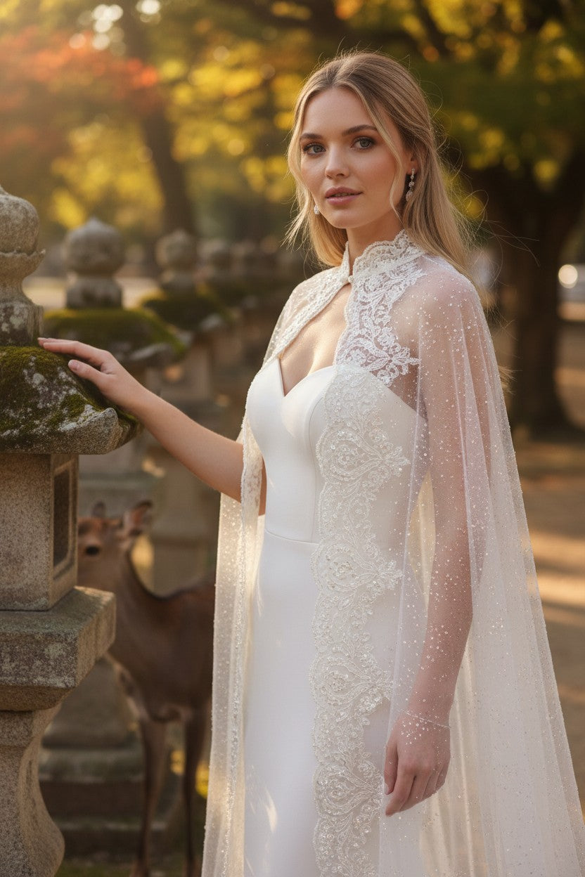 Lace Tulle Bridal Cape — Long, One Size