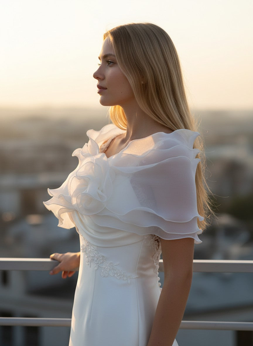 Ruffled Organza Bridal Shrug — Rhinestone Bow, 4 Colours
