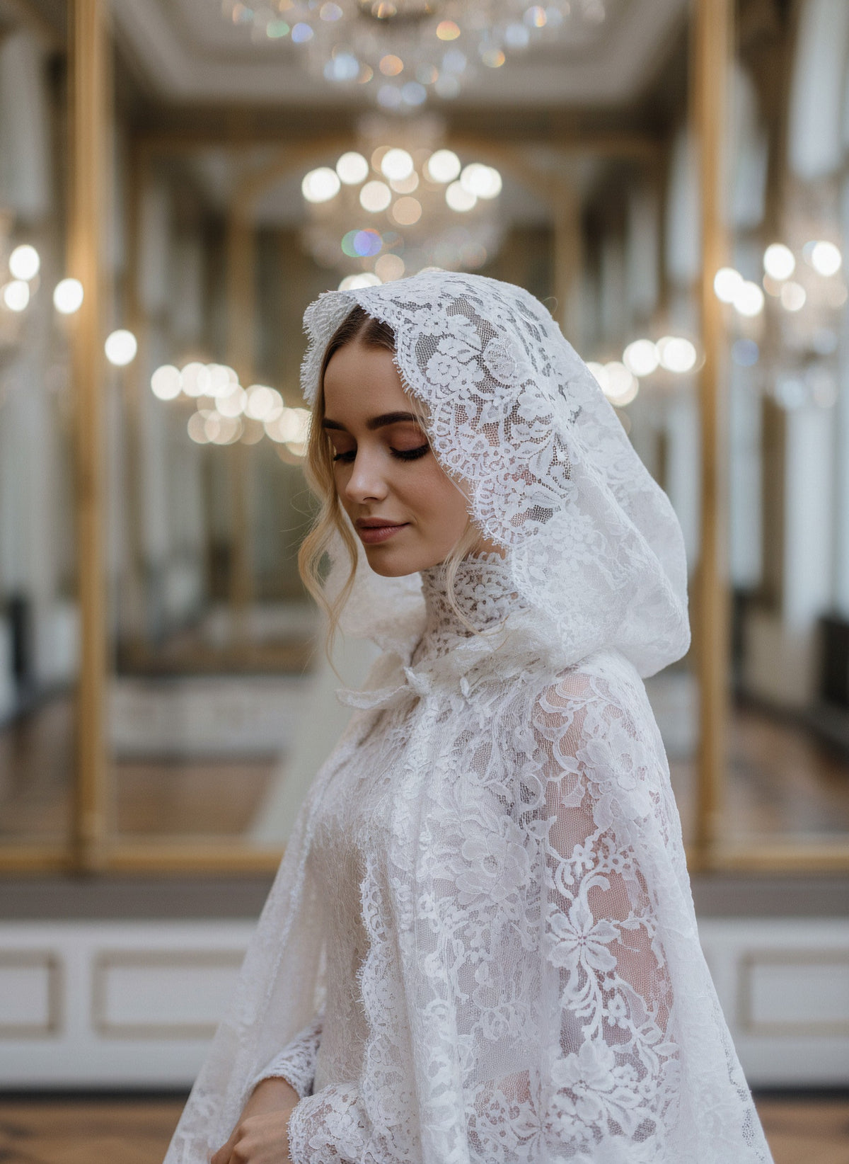 Hooded Bridal Cape in Appliqué Lace — 180 cm Cathedral Train