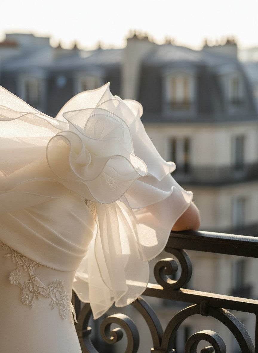 Ruffled Organza Bridal Shrug — Rhinestone Bow, 4 Colours