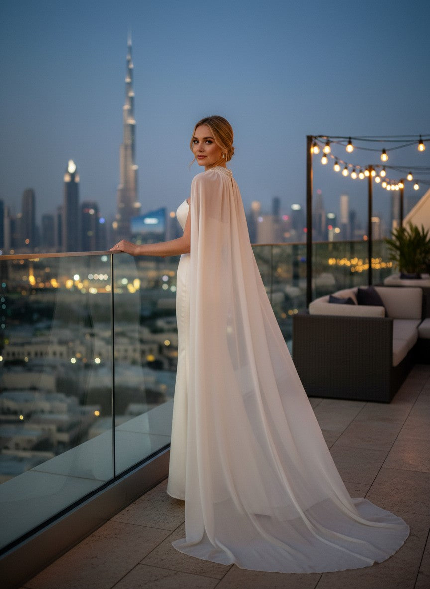 Crystal Collar Chiffon Bridal Cape — Floor Length, One Size
