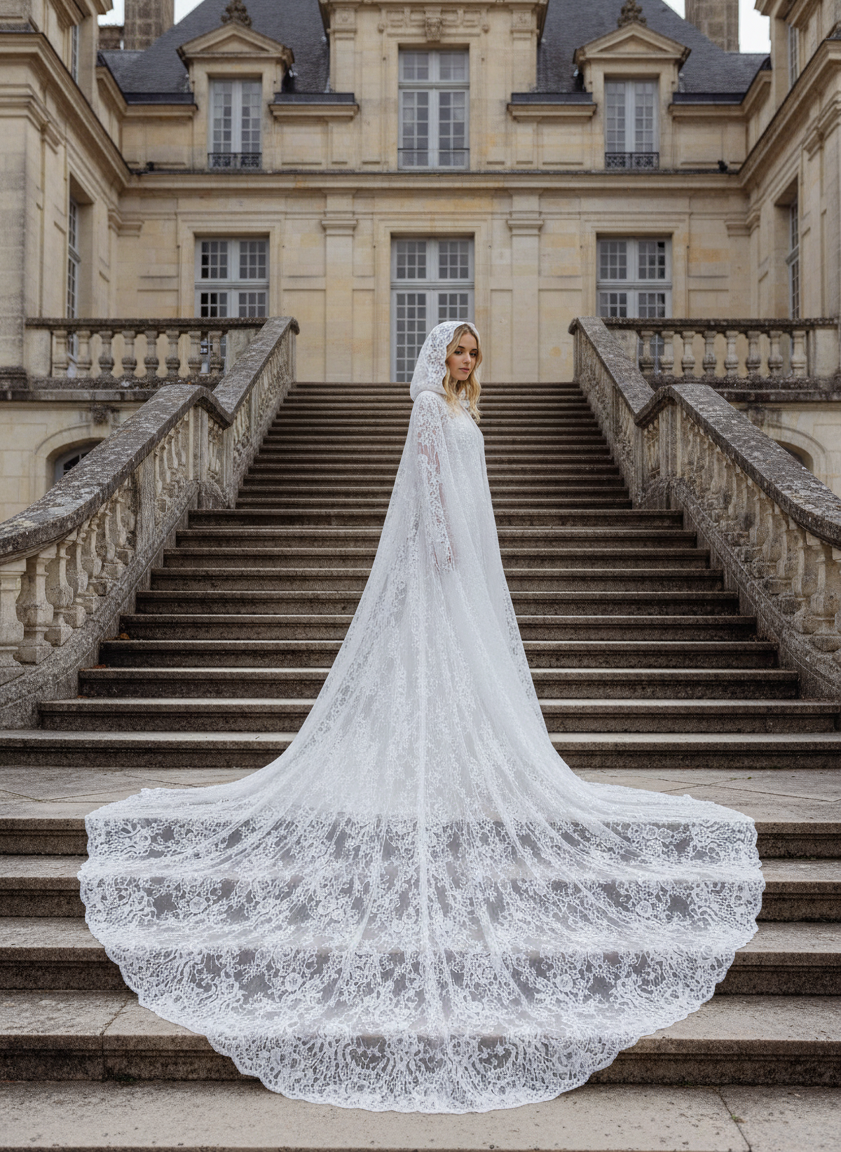 Hooded Bridal Cape in Appliqué Lace — 180 cm Cathedral Train