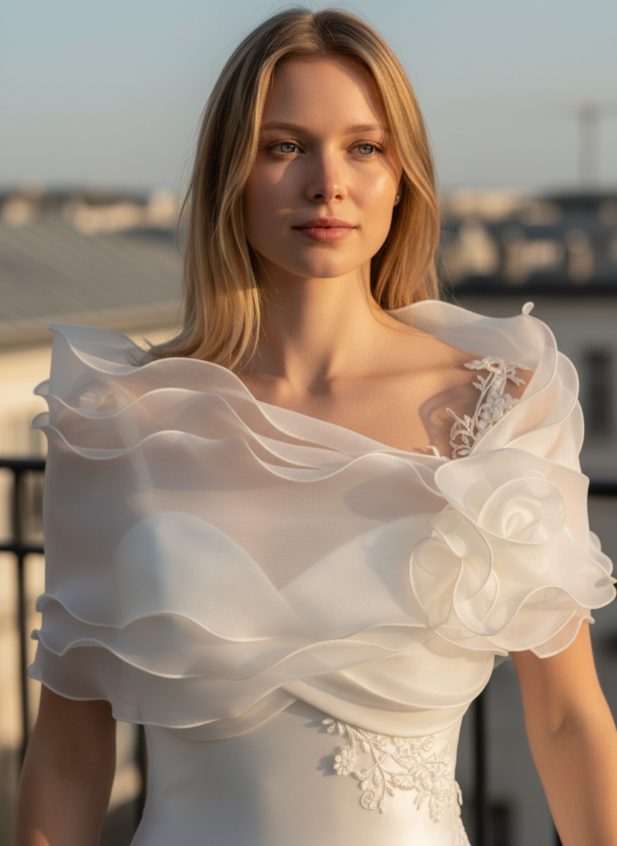 Ruffled Organza Bridal Shrug — Rhinestone Bow, 4 Colours