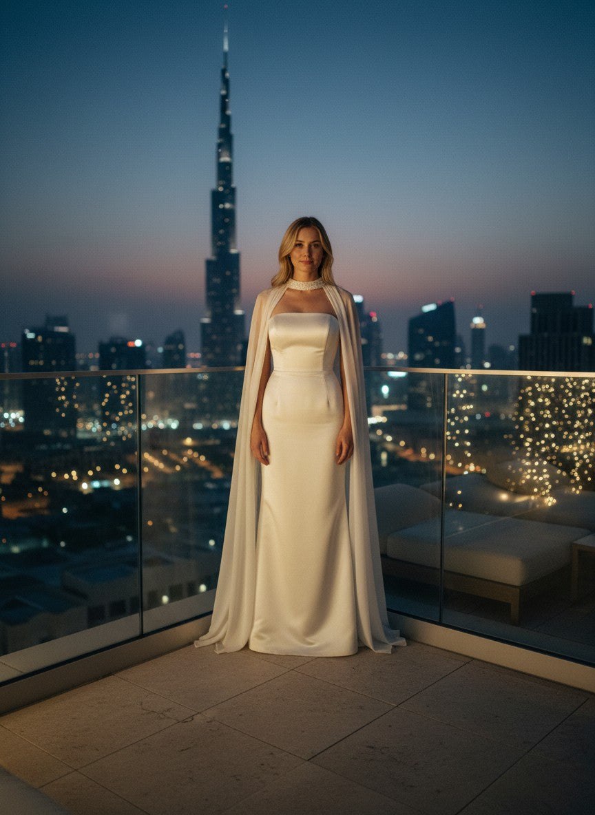 Crystal Collar Chiffon Bridal Cape — Floor Length, One Size
