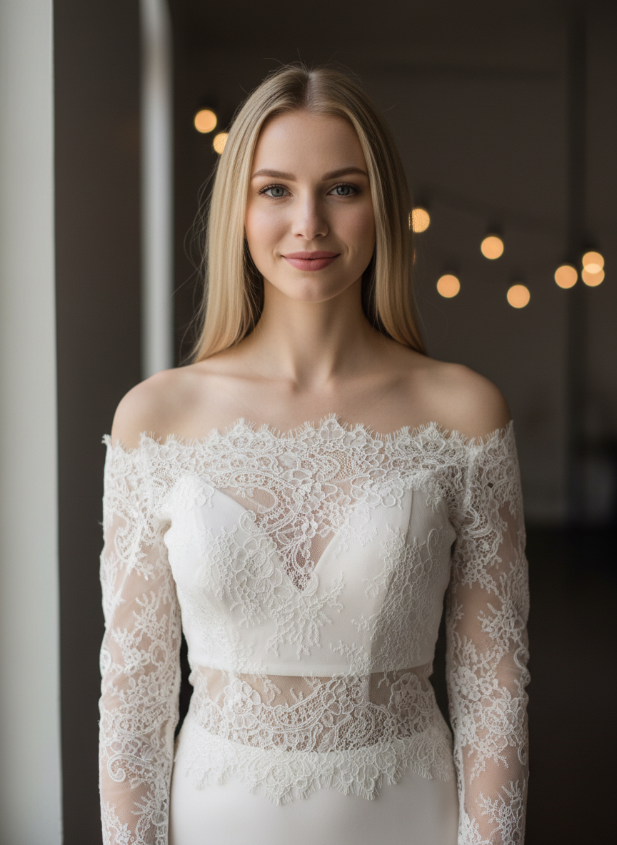 Off Shoulder Lace Bridal Bolero — Long Sleeves, Button Back