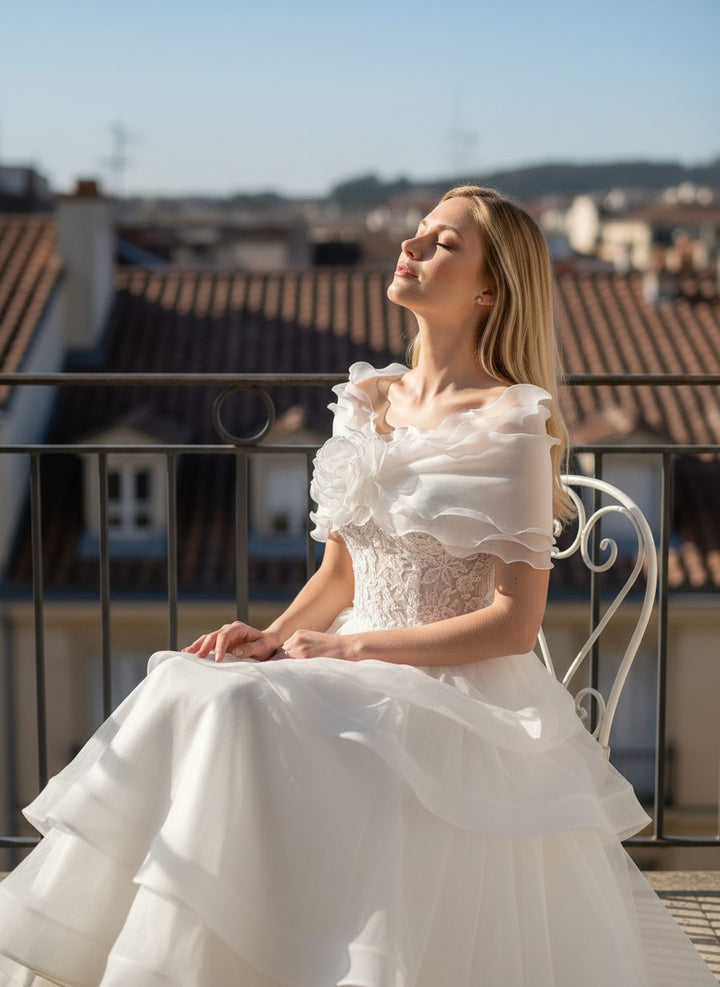 Ruffled Organza Bridal Shrug — Rhinestone Bow, 4 Colours