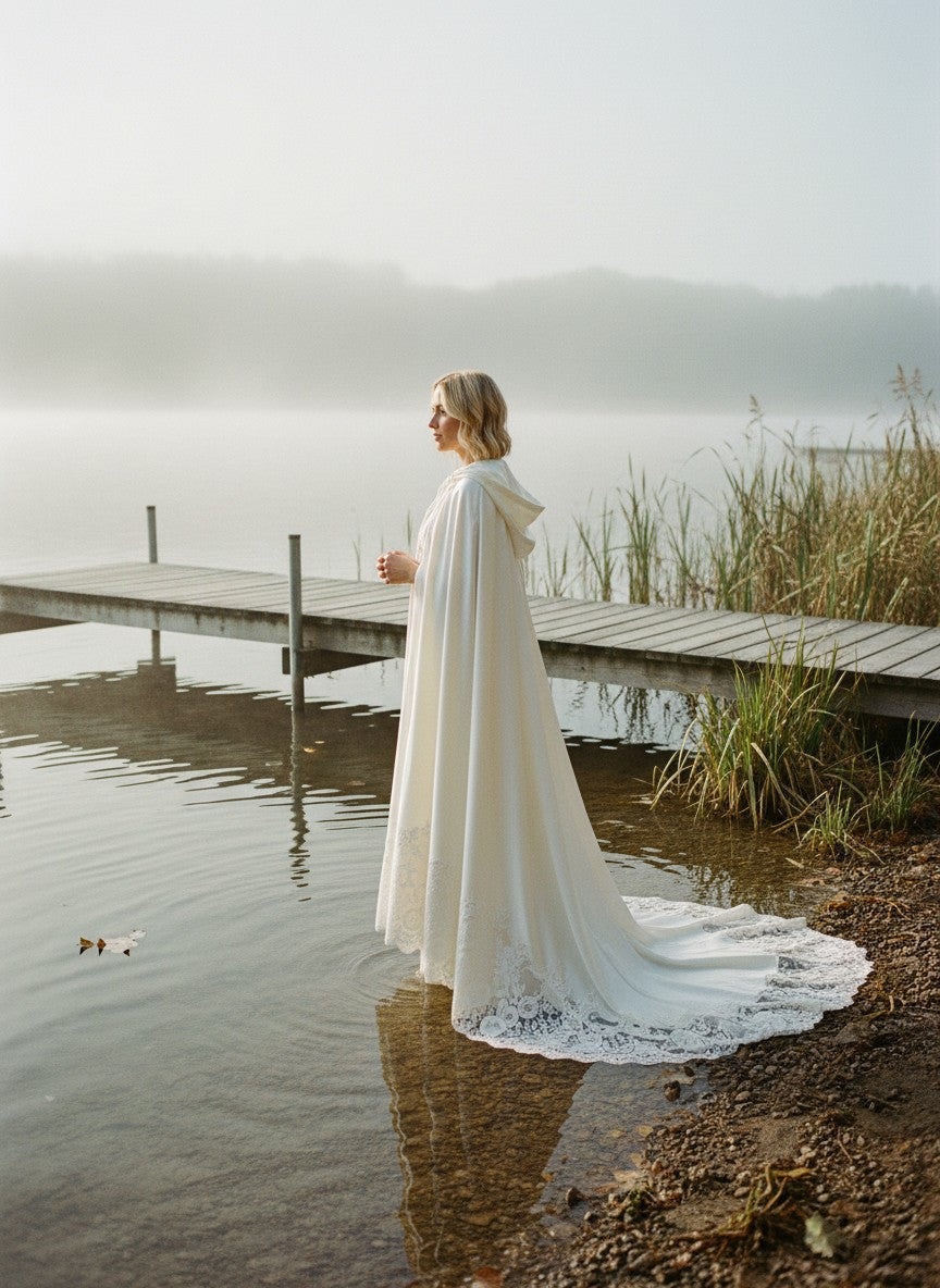 Hooded Bridal Cape with Lace Train — XS to 5XL, 3 Colours