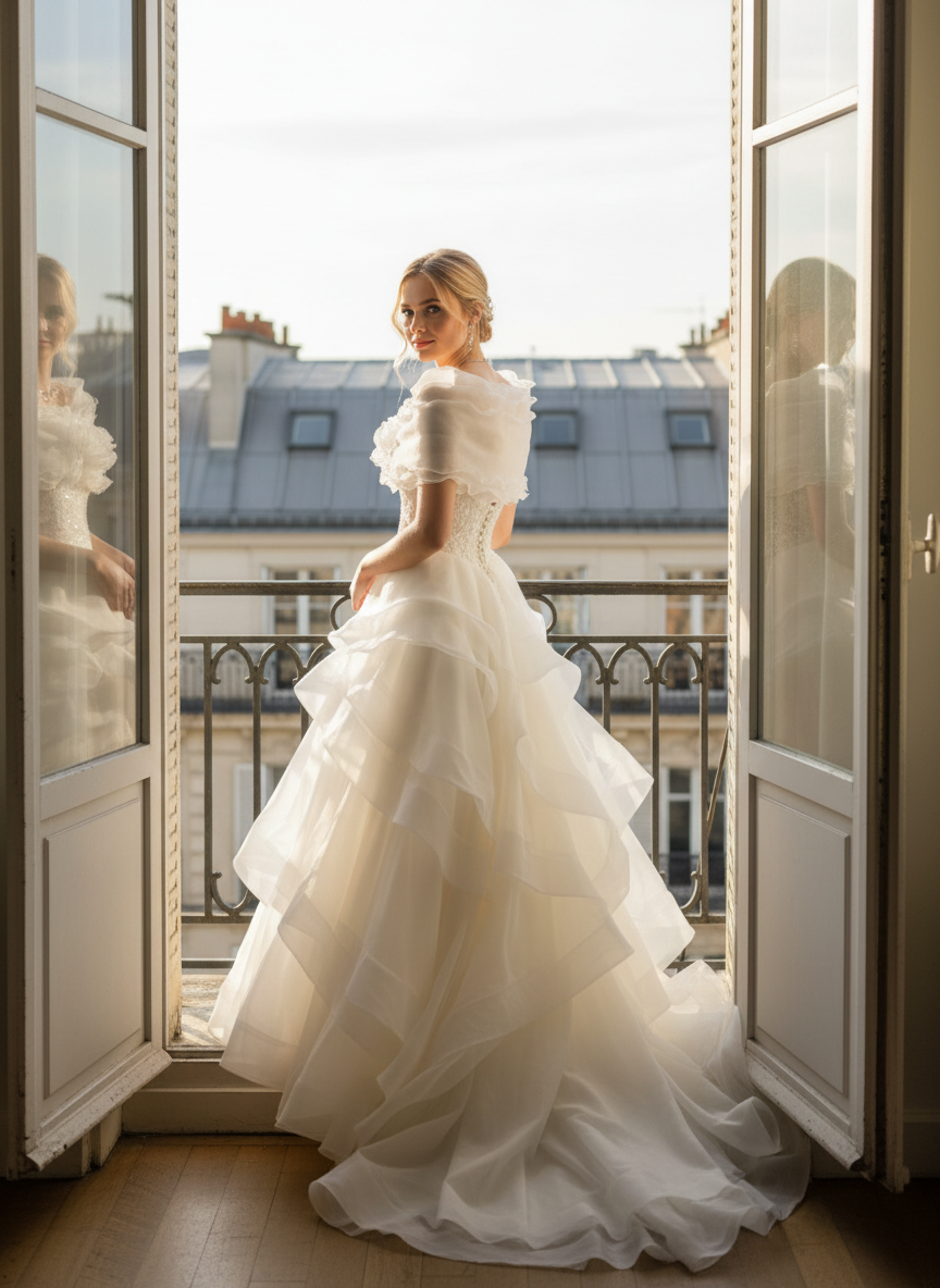 Ruffled Organza Bridal Shrug — Rhinestone Bow, 4 Colours