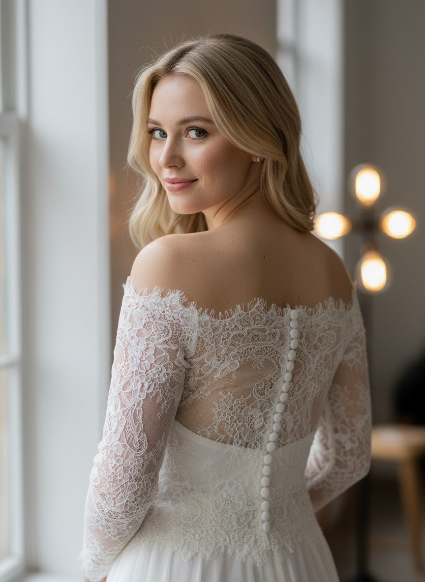 Off Shoulder Lace Bridal Bolero — Long Sleeves, Button Back