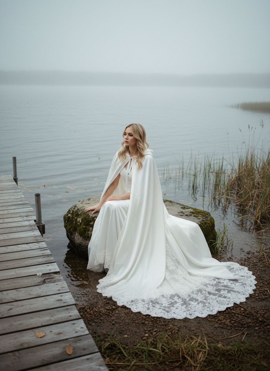 Hooded Bridal Cape with Lace Train — XS to 5XL, 3 Colours