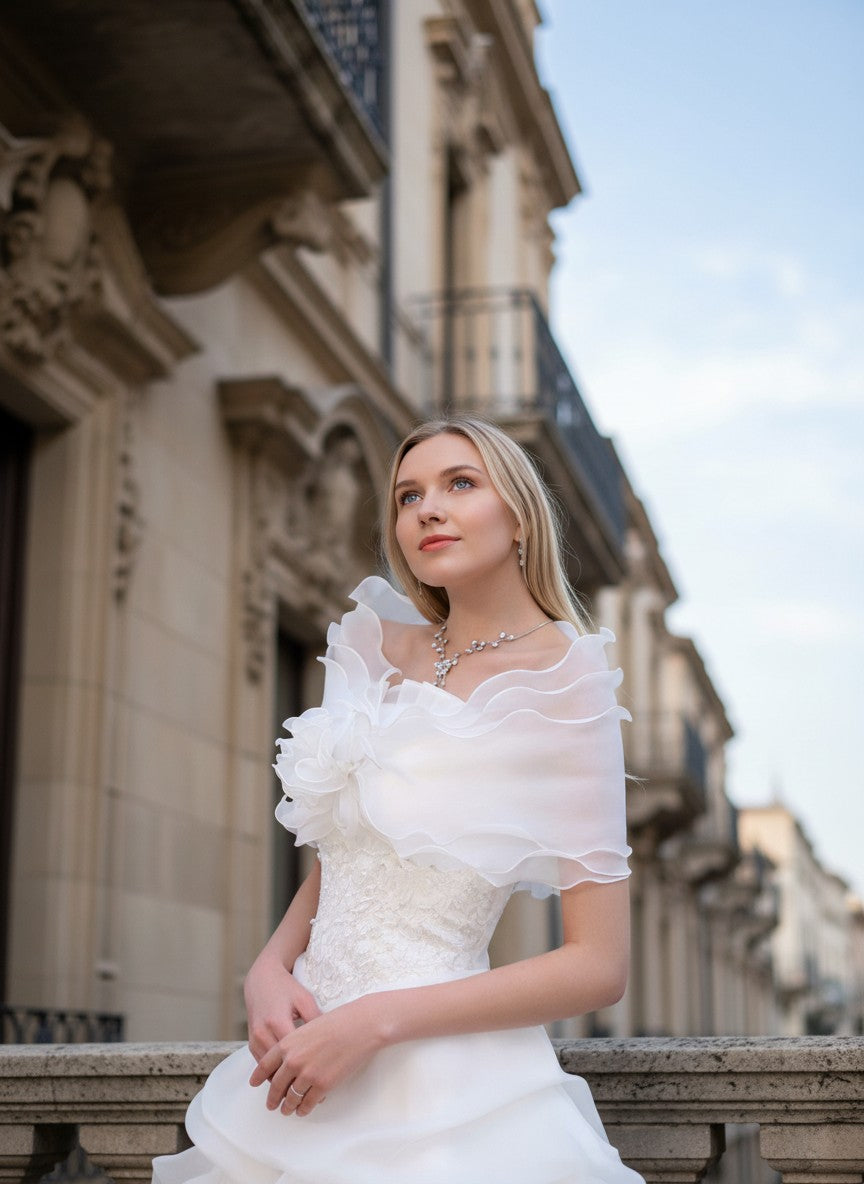 Ruffled Organza Bridal Shrug — Rhinestone Bow, 4 Colours