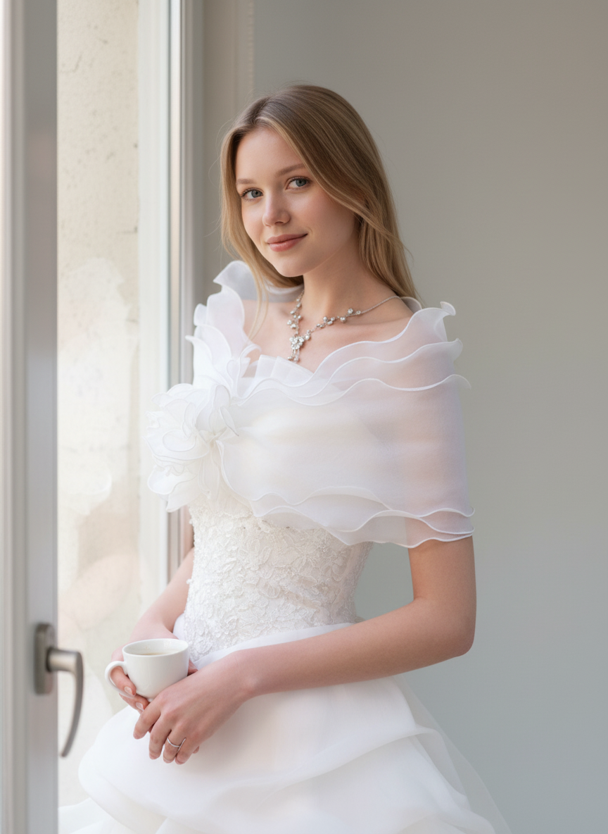 Ruffled Organza Bridal Shrug — Rhinestone Bow, 4 Colours