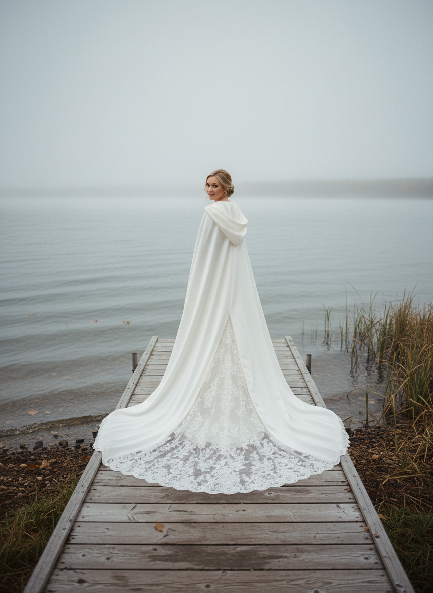 Hooded Bridal Cape with Lace Train — XS to 5XL, 3 Colours