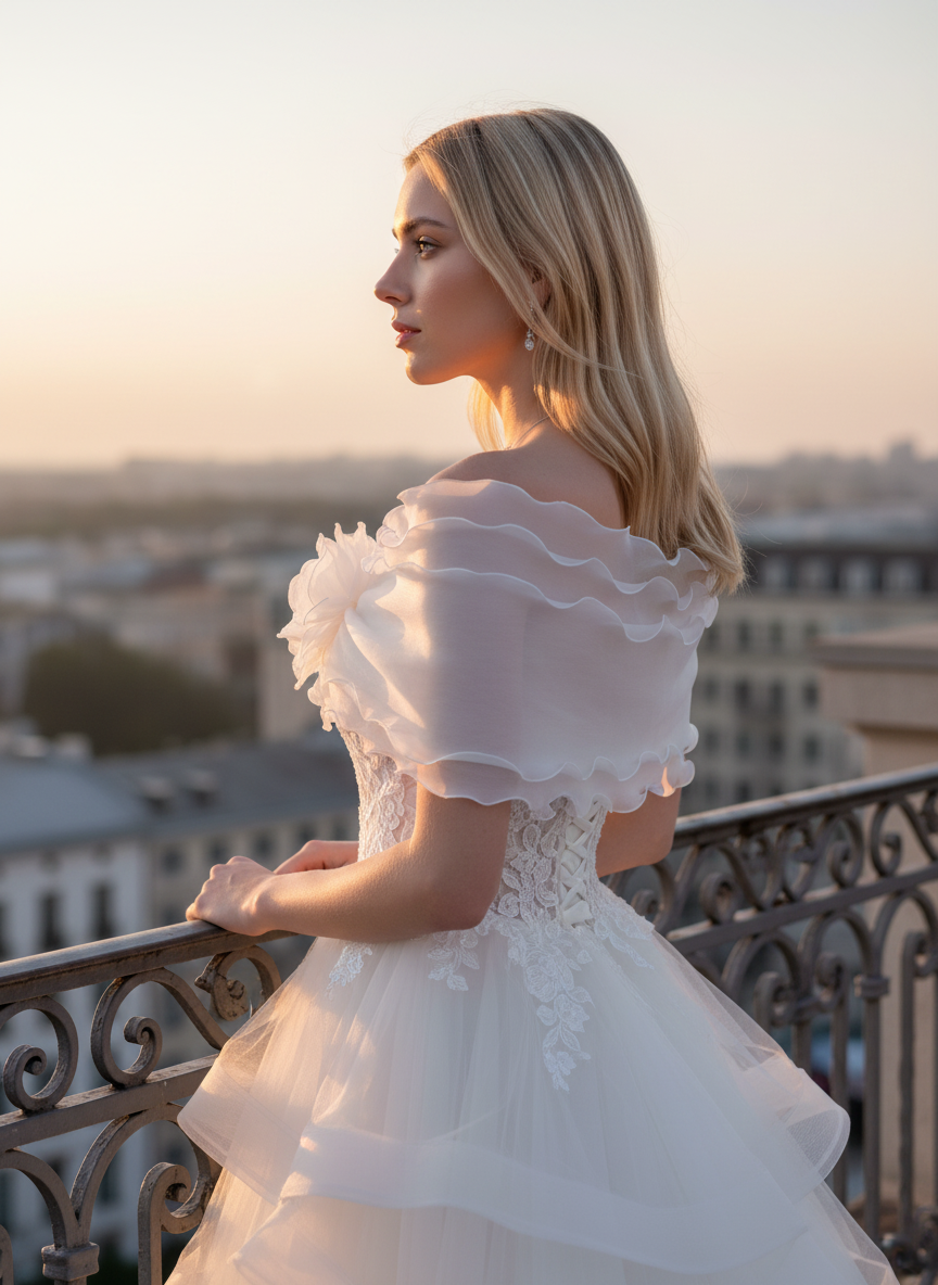 Ruffled Organza Bridal Shrug — Rhinestone Bow, 4 Colours