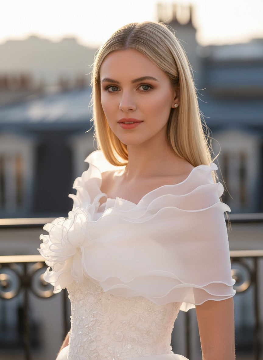 Ruffled Organza Bridal Shrug — Rhinestone Bow, 4 Colours