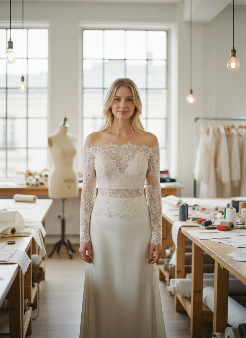 Off Shoulder Lace Bridal Bolero — Long Sleeves, Button Back