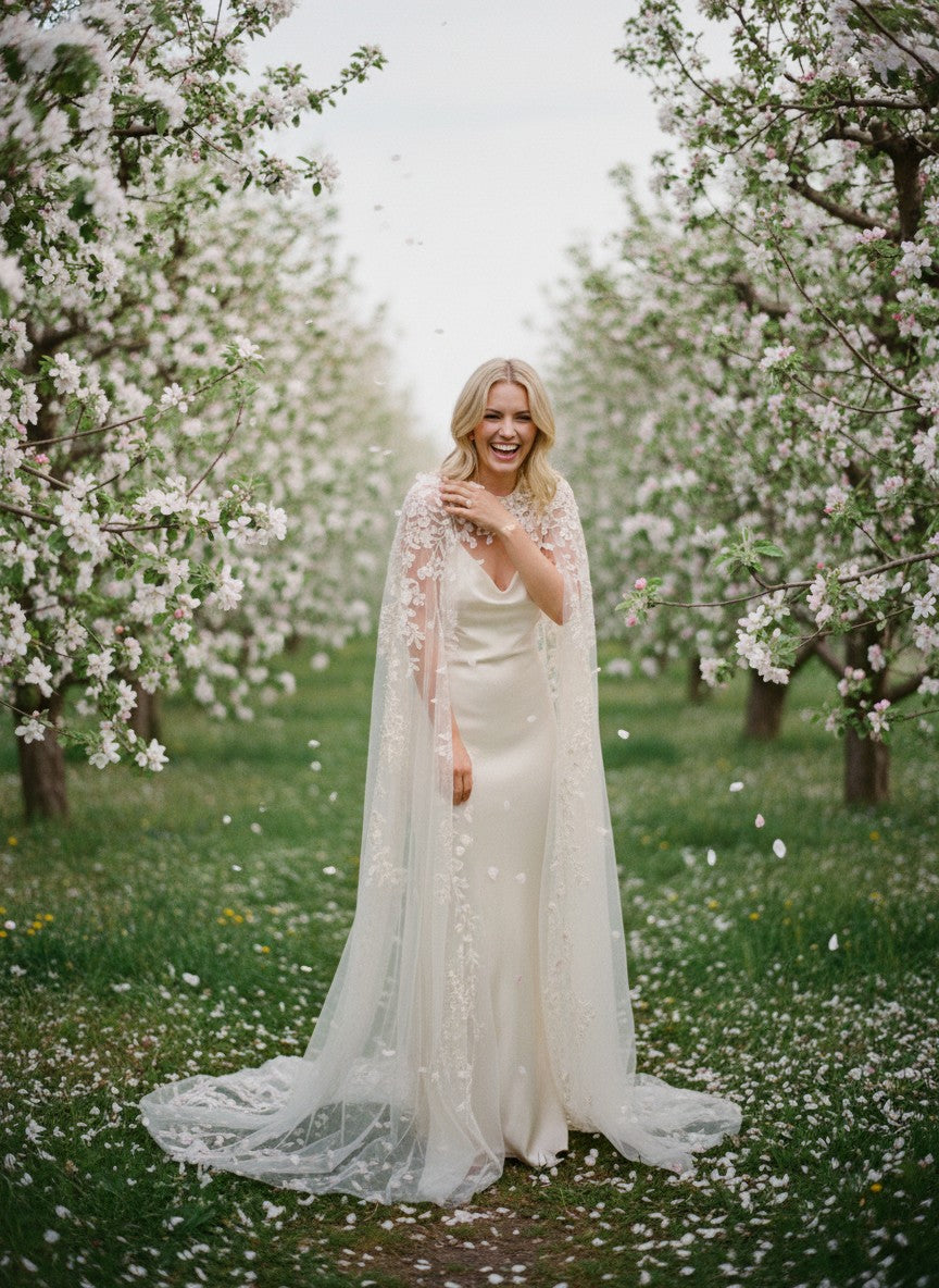 3D Floral Appliqué Bridal Shawl — Long, 3 Colours