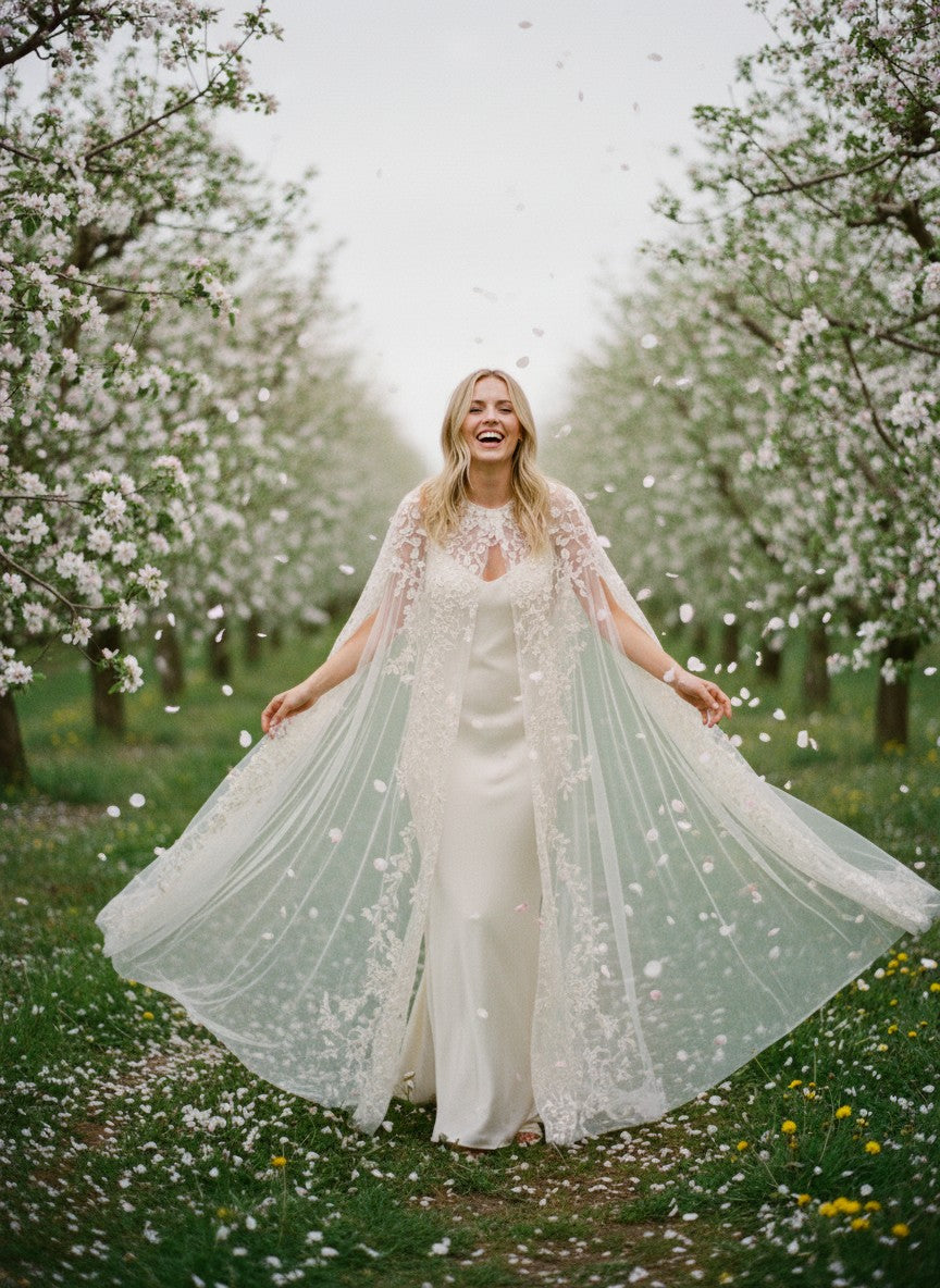 3D Floral Appliqué Bridal Shawl — Long, 3 Colours