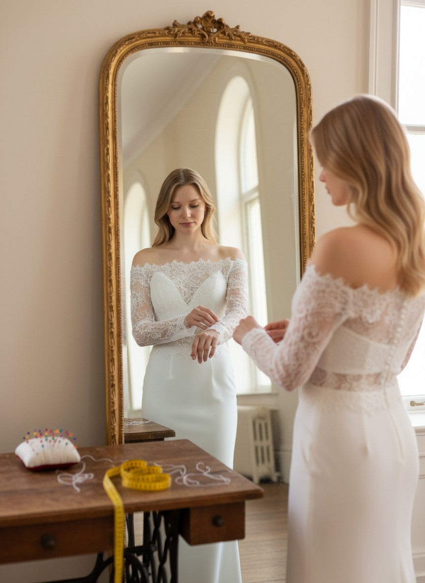 Off Shoulder Lace Bridal Bolero — Long Sleeves, Button Back