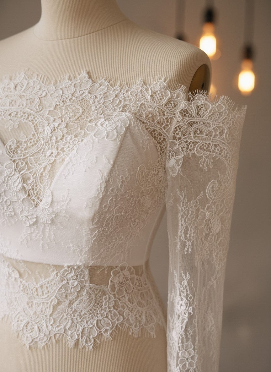 Off Shoulder Lace Bridal Bolero — Long Sleeves, Button Back