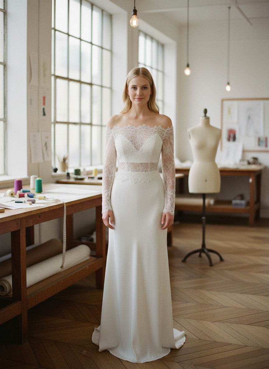 Off Shoulder Lace Bridal Bolero — Long Sleeves, Button Back