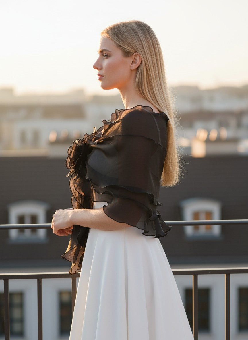 Ruffled Organza Bridal Shrug — Rhinestone Bow, 4 Colours