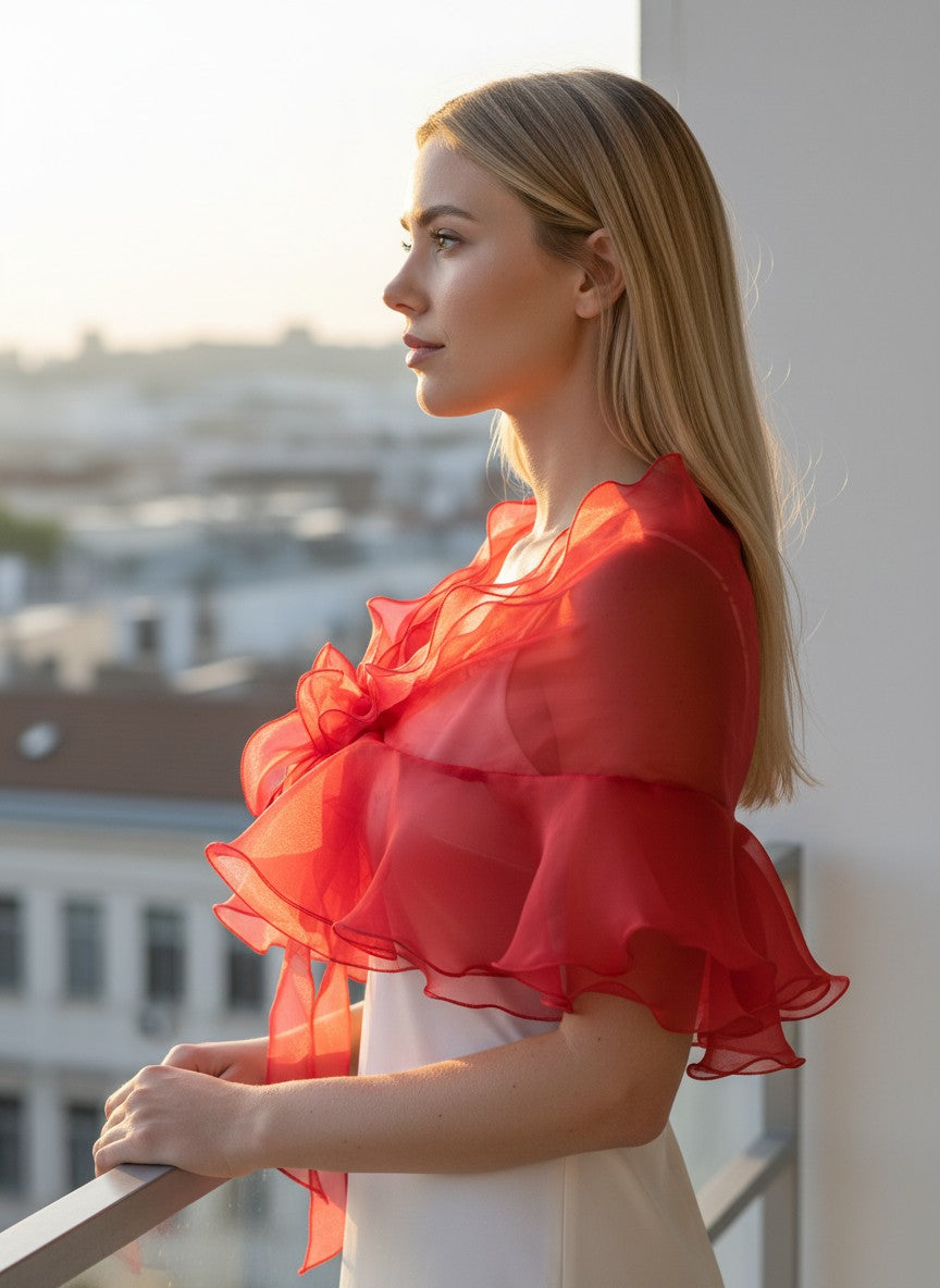 Ruffled Organza Bridal Shrug — Rhinestone Bow, 4 Colours