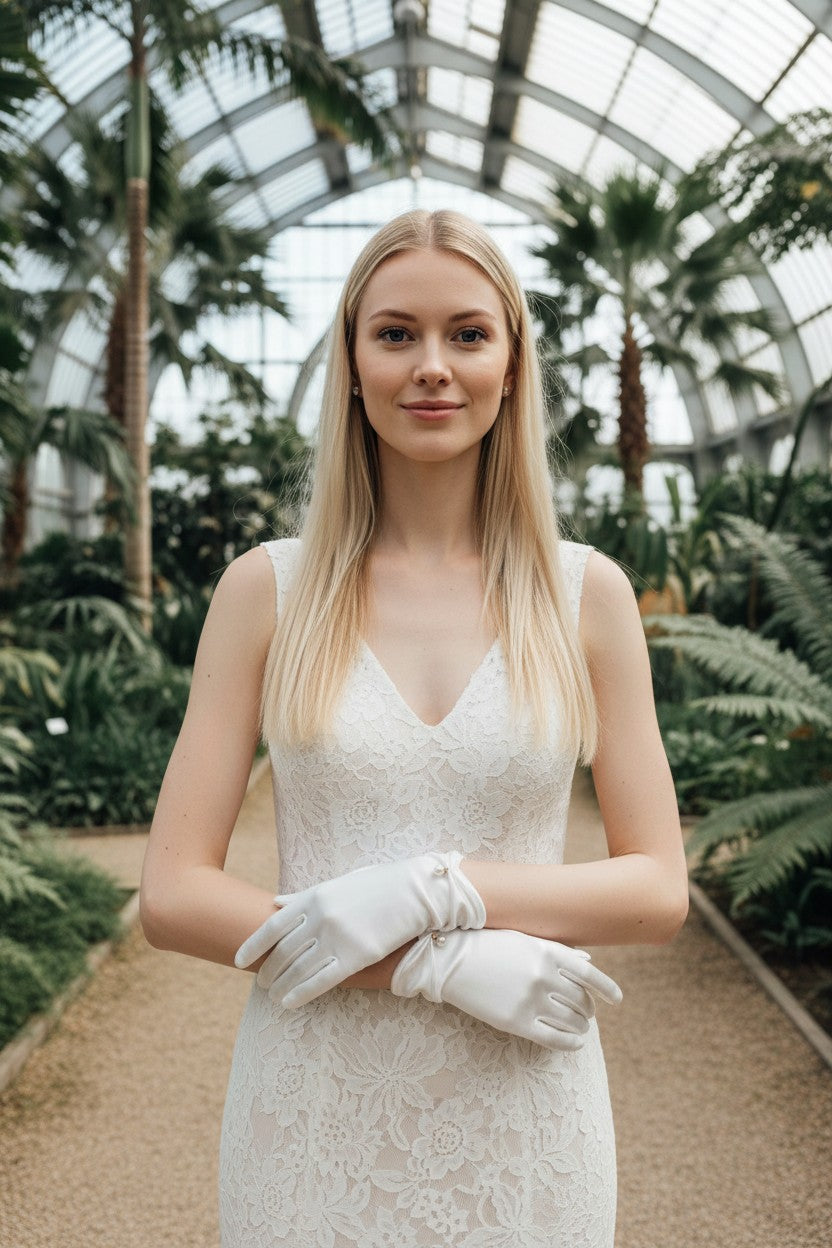Pearl Satin Bridal Gloves — Short, 4 Colours