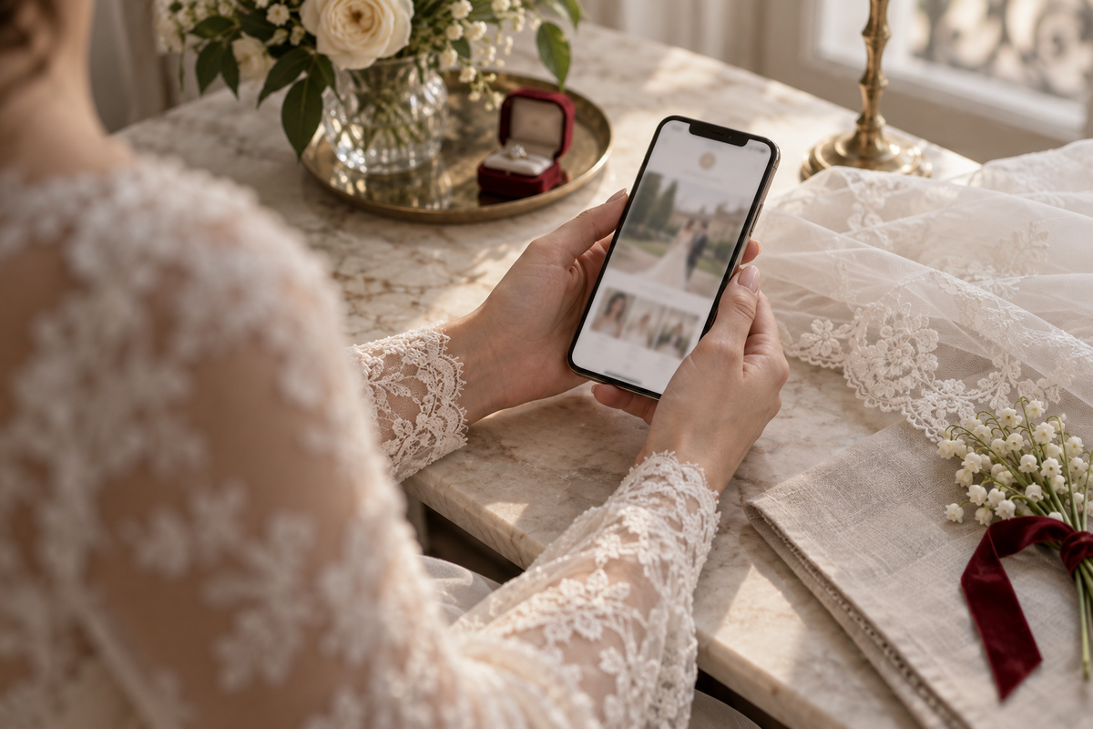 A bride holding her phone, open on her wedding website