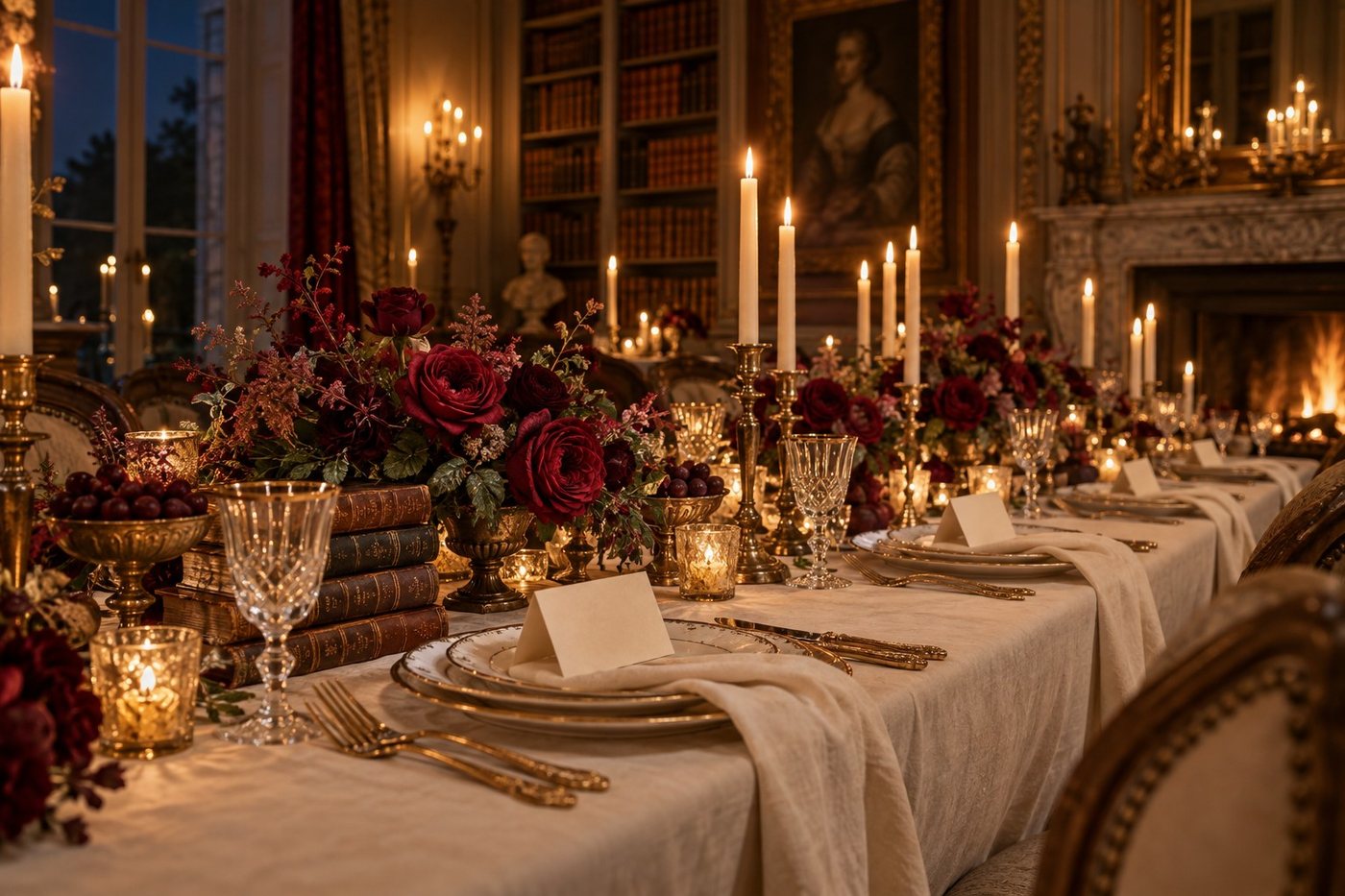 A candlelit hall with burgundy roses