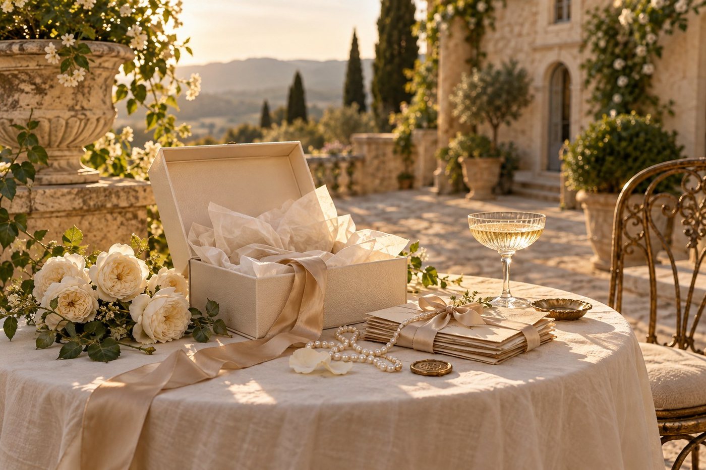 An orchard table with a ribboned keepsake box